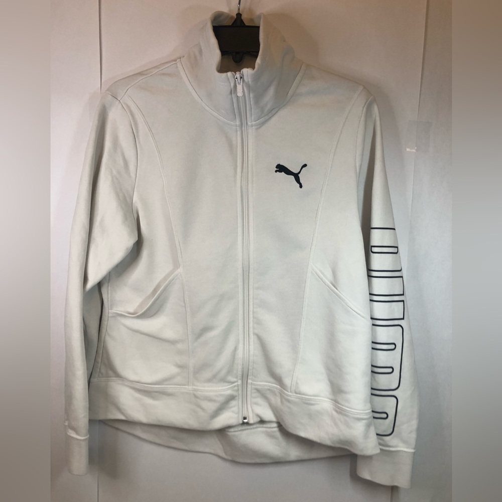 Puma Jacket Womens Large White Zipper Style Logo On Arm Mock Neck